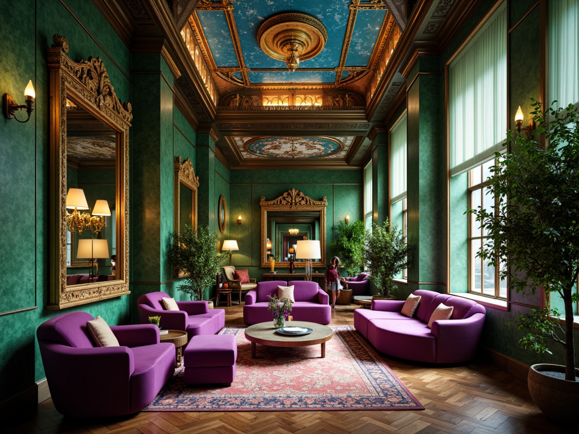 Prompt: Opulent Art Nouveau interior, lavish furnishings, sinuous lines, organic forms, jewel-toned colors, emerald green walls, sapphire blue ceilings, amethyst purple accents, golden metallic details, ornate mirrors, flowing drapery, velvet textiles, intricate mosaics, nature-inspired patterns, warm ambient lighting, soft focus, shallow depth of field, 1/1 composition, elegant vantage point.