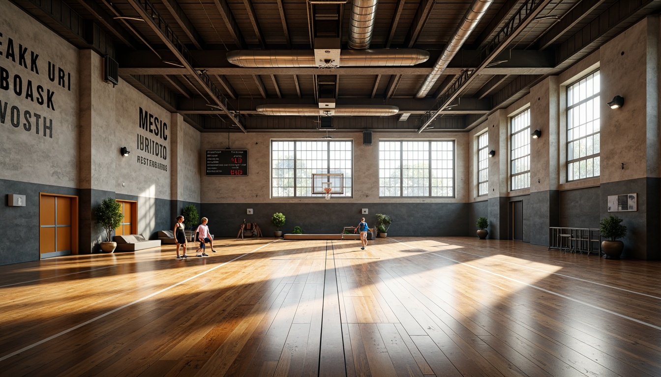 Prompt: Modern gymnasium interior, high ceilings, polished wood floors, basketball courts, sports equipment, steel beams, industrial metal lighting fixtures, exposed ductwork, concrete walls, motivational quotes, athletic tracks, sprinting lanes, jumping pits, gymnastic apparatuses, natural light pouring in, overhead doors, urban loft atmosphere, dramatic shadows, low-key warm lighting, 1/2 composition, close-up shots, realistic textures, ambient occlusion.