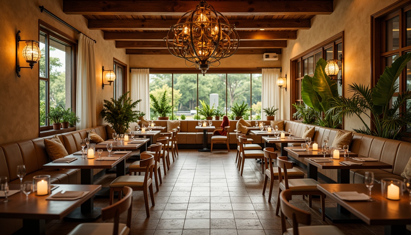 Prompt: Cozy restaurant interior, warm earthy tones, rich wood accents, soft beige walls, comfortable seating areas, vibrant greenery, natural stone floors, elegant chandeliers, modern minimalist decor, warm golden lighting, shallow depth of field, 1/1 composition, realistic textures, ambient occlusion.