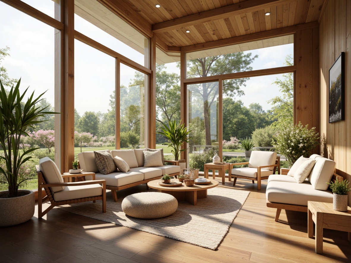 Prompt: Cozy sunroom, floor-to-ceiling windows, natural light, warm wooden floors, comfortable sectional sofas, plush throw pillows, modern coffee tables, minimalist decor, greenery plants, rattan armchairs, woven baskets, soft pastel colors, warm beige tones, gentle cream hues, rustic wood accents, sleek metal frames, sliding glass doors, panoramic views, blooming flowers, sunny afternoon, soft warm lighting, shallow depth of field, 3/4 composition.