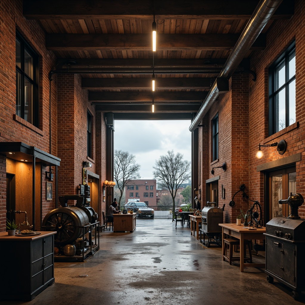 Prompt: Rustic warehouse, exposed brick walls, metal beams, reclaimed wood accents, industrial-style lighting fixtures, concrete floors, vintage manufacturing equipment, distressed textures, urban landscape, cloudy sky, warm natural light, shallow depth of field, 2/3 composition, cinematic atmosphere, realistic materials, ambient occlusion.