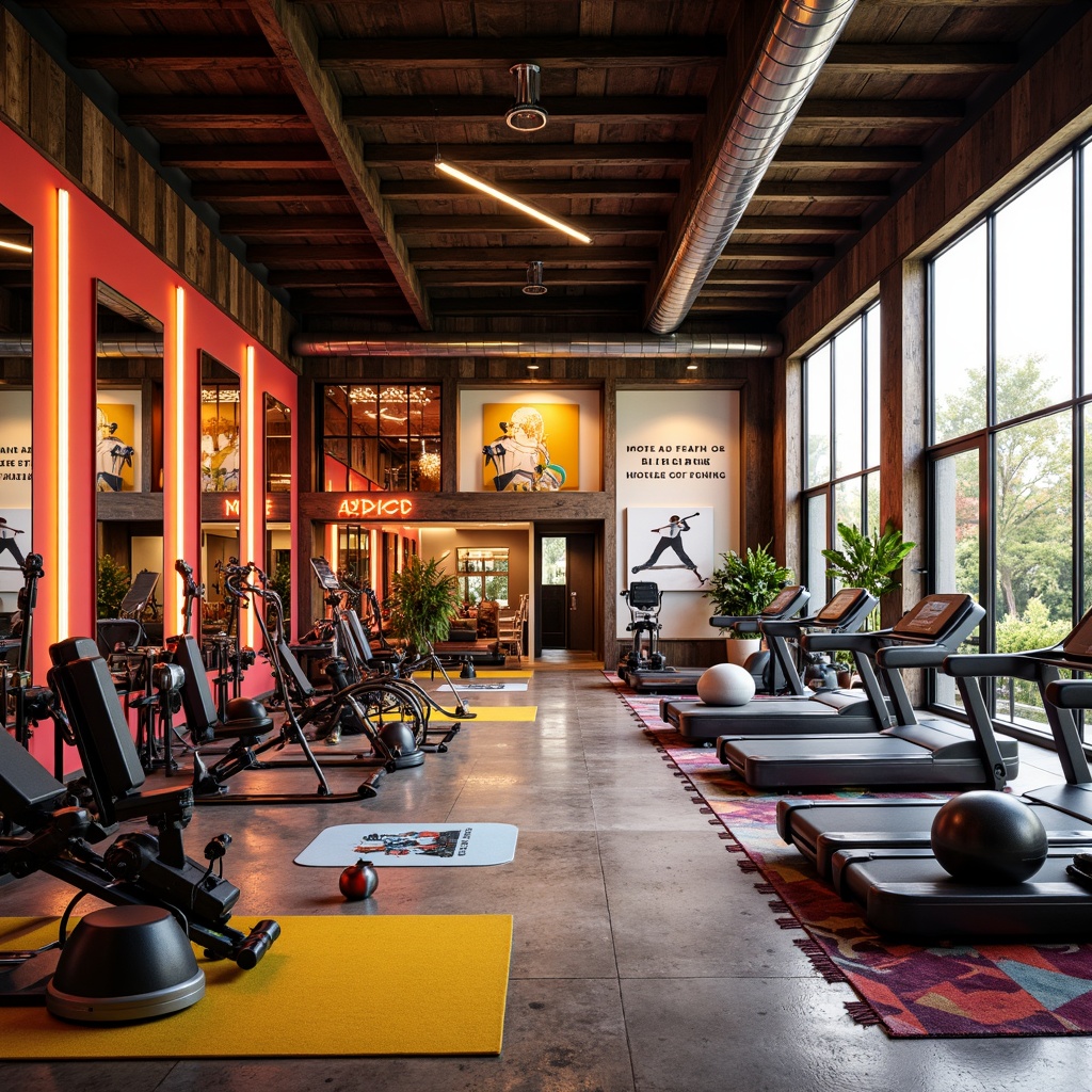 Prompt: \Vibrant home gym, eclectic equipment arrangement, neon-lit mirrors, polished chrome machines, abstract art pieces, industrial-chic concrete floors, reclaimed wood accents, oversized windows, natural light pouring in, modern postmodern architecture, bold color blocking, geometric patterned rugs, state-of-the-art treadmills, free weights, kettlebells, exercise balls, yoga mats, high-tech sound systems, motivational quotes on walls, dynamic camera angles, shallow depth of field, 1/1 composition, warm golden lighting, realistic textures, ambient occlusion.\Let me know if this meets your requirements!