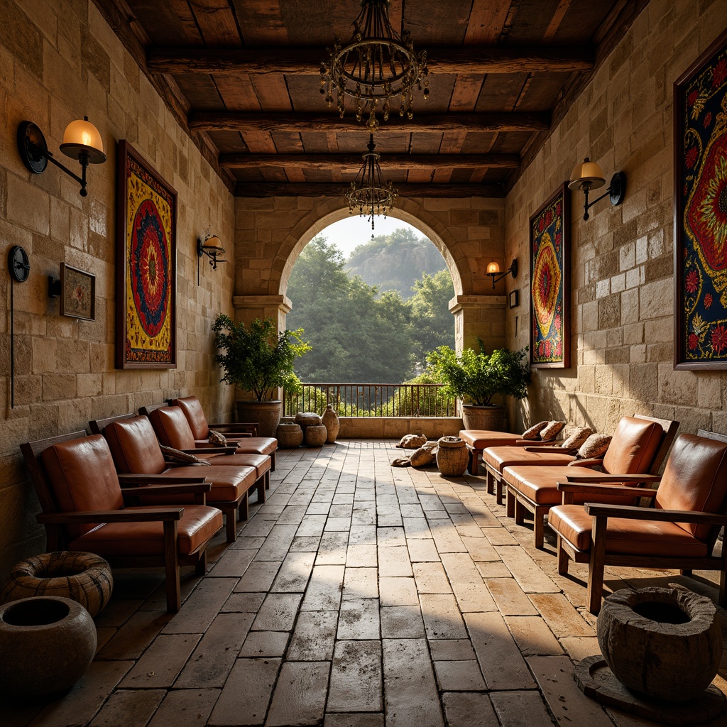 Prompt: Rustic wooden planks, weathered stone walls, ornate metal fixtures, distressed leather upholstery, vibrant colorful tapestries, intricate woven baskets, rough-hewn rock formations, moss-covered ancient ruins, warm golden lighting, soft focus blur, shallow depth of field, 2/3 composition, natural atmospheric perspective, cinematic color grading, realistic material textures.