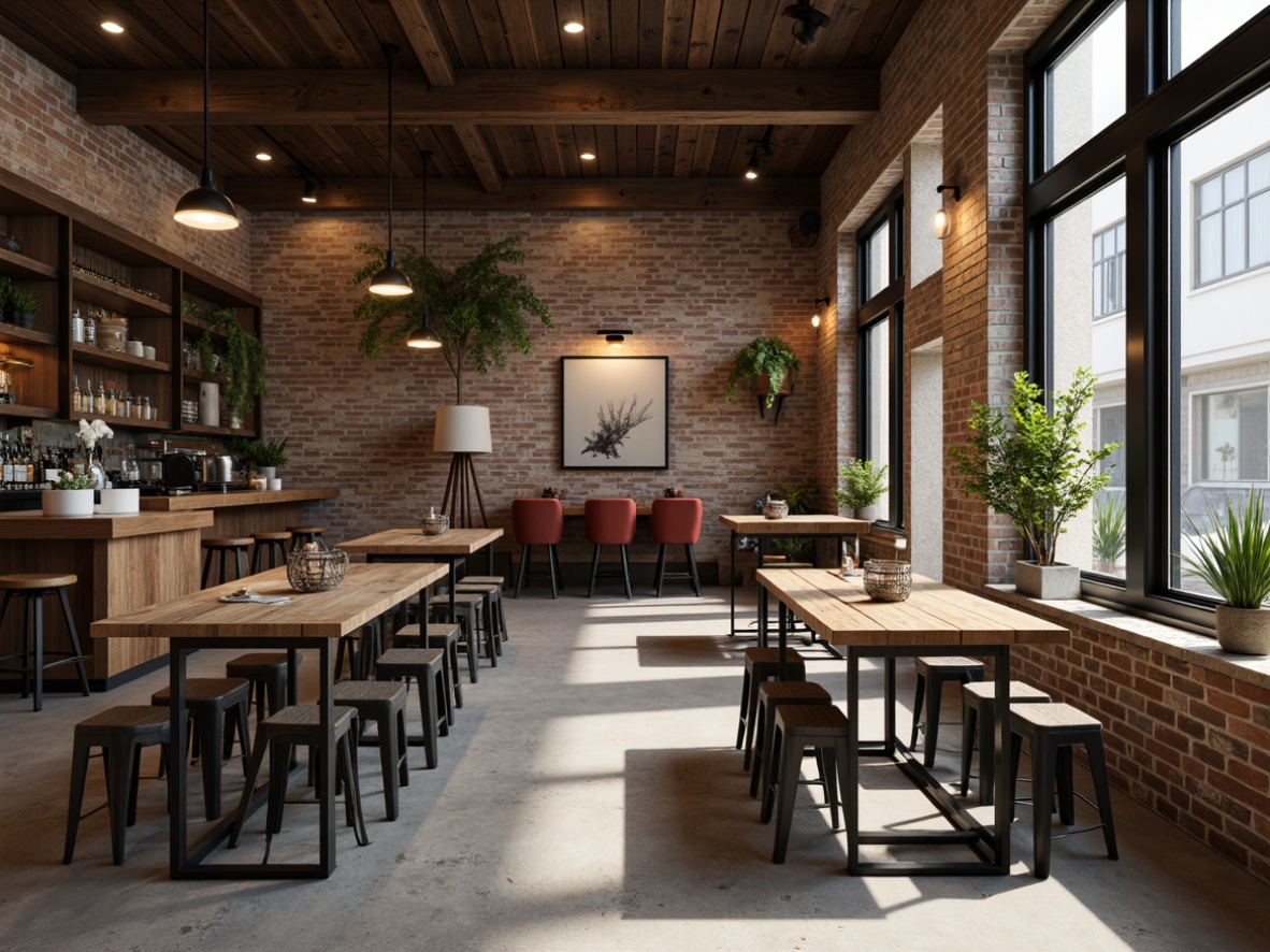 Prompt: Industrial chic pub interior, reclaimed wood accents, distressed metal frames, minimalist decor, simple wooden tables, sleek stools, low-hanging pendant lights, concrete floors, exposed brick walls, neutral color palette, natural textures, cozy atmosphere, warm ambient lighting, shallow depth of field, 1/1 composition, realistic rendering, subtle shadows.