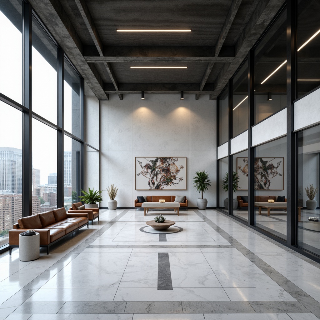 Prompt: Minimalist bank interior, open space concept, sleek marble floors, modern glass partitions, steel beam ceiling, natural light pouring in, abstract artwork, geometric patterns, clean lines, monochromatic color scheme, luxurious leather sofas, metallic accents, floor-to-ceiling windows, cityscape views, subtle ambient lighting, shallow depth of field, 3/4 composition, realistic textures, ambient occlusion.