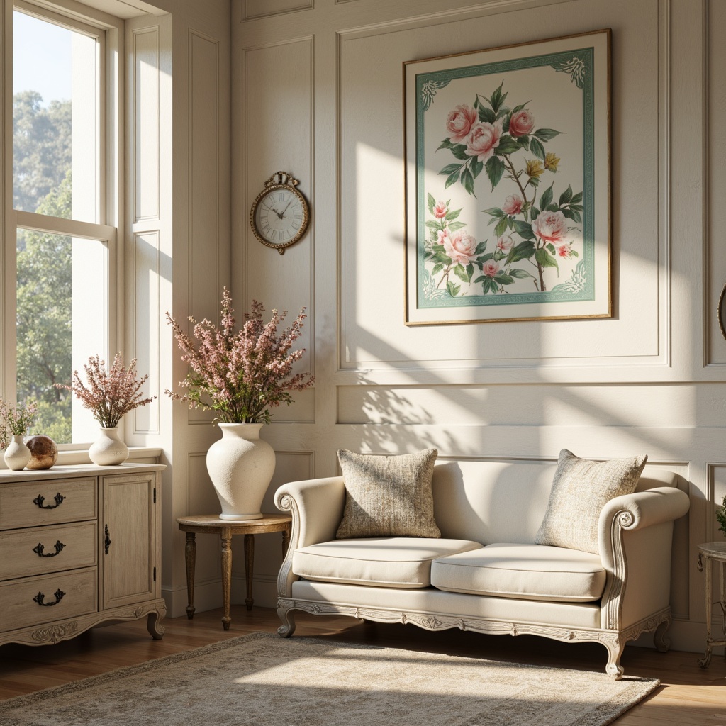 Prompt: Soft, creamy whites, warm beige tones, distressed wood accents, vintage floral patterns, lace trimmings, delicate porcelain vases, ornate metal fixtures, pastel pink hues, muted turquoise shades, antique furniture pieces, velvety soft textures, natural linen fabrics, subtle sparkle embellishments, gentle warm lighting, 1/1 composition, intimate cozy atmosphere, romantic ambiance.