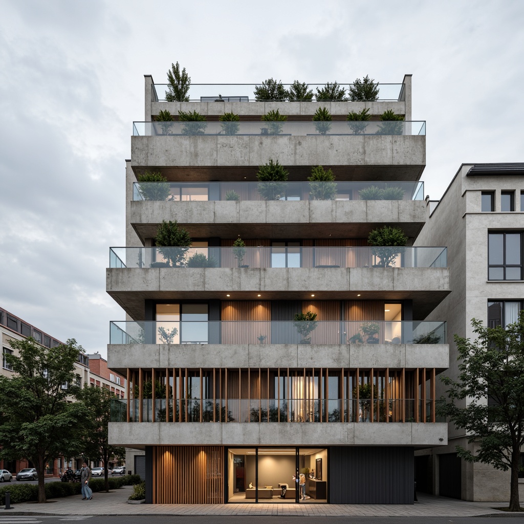 Prompt: Contemporary building facade, exposed concrete structure, weathered steel cladding, wooden accents, double-glazed windows, solar panels integration, green roof systems, rainwater harvesting, sustainable materials, low-carbon footprint, minimalist aesthetic, industrial chic vibe, urban cityscape, cloudy sky, soft natural lighting, 1/1 composition, shallow depth of field, realistic textures, ambient occlusion.