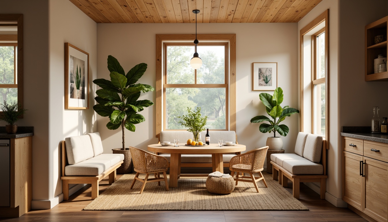 Prompt: Cozy breakfast nook, warm beige walls, natural wood cabinets, granite countertops, stainless steel appliances, soft morning light, circular table, comfortable cushioned chairs, woven baskets, greenery plants, pendant lighting, shallow depth of field, 1/1 composition, realistic textures, ambient occlusion.