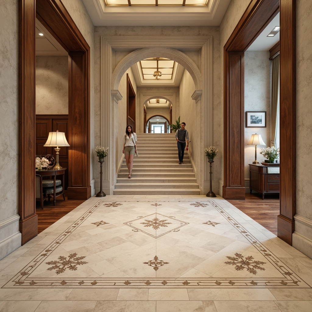 Prompt: Marble flooring, herringbone pattern, cream-colored stone, ornate inlays, polished wooden floors, walnut planks, distressed finishes, rich textures, grand foyers, sweeping staircases, elegant entrance halls, neoclassical architecture, symmetrical compositions, balanced proportions, classical motifs, subtle color palette, warm ambient lighting, high ceilings, ornate moldings, refined details, luxurious atmosphere.