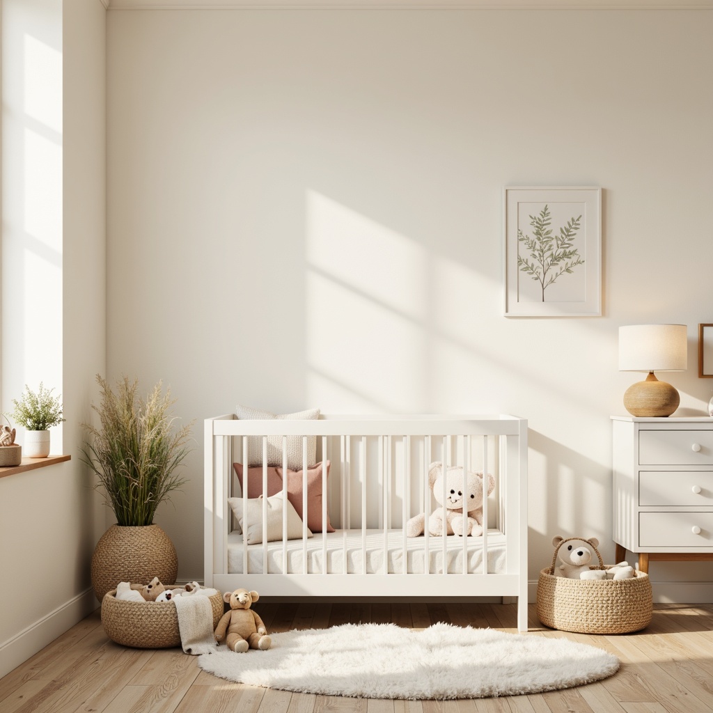 Prompt: Minimalist baby room, soft cream walls, light wood flooring, white crib, simple changing table, compact dresser, gentle curve lines, natural textiles, woven baskets, plush toys, warm floor lamp, cozy reading nook, pastel color palette, calm atmosphere, shallow depth of field, 1/1 composition, softbox lighting, realistic fabrics, ambient occlusion.