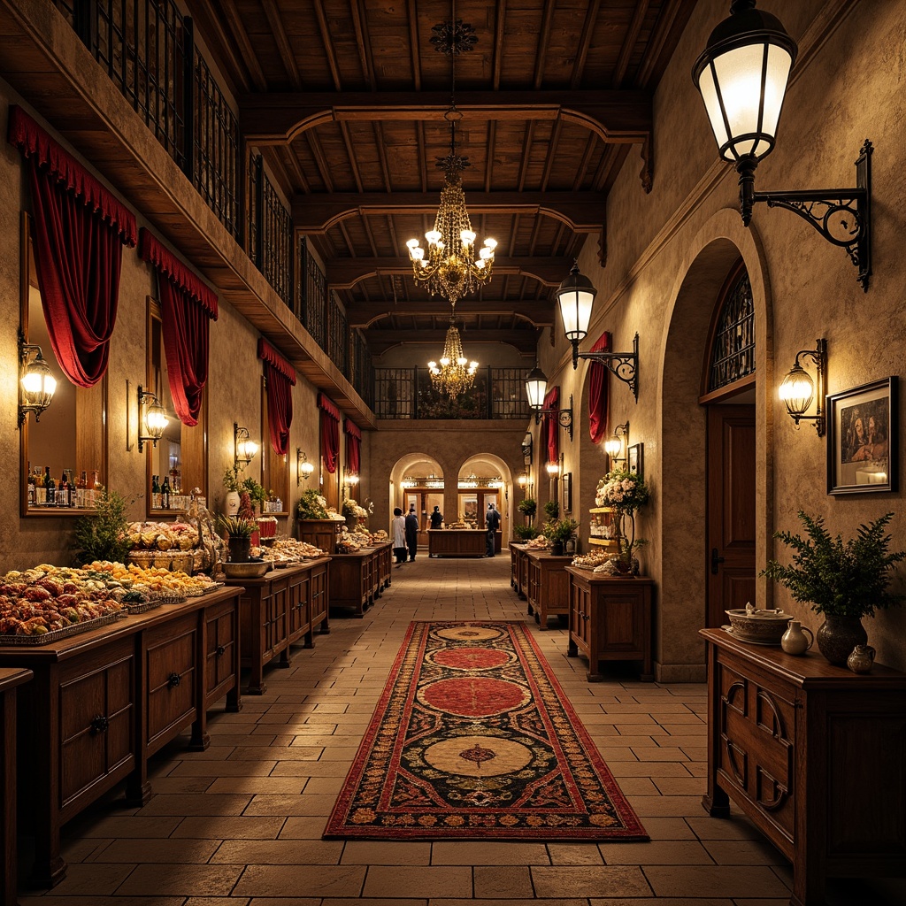 Prompt: Renaissance-themed market interior, ornate wooden stalls, vintage lanterns, distressed stone walls, rustic metal accents, plush velvet drapes, intricately carved wooden furniture, antique bronze fixtures, warm candlelight, rich tapestries, medieval-inspired patterns, luxurious golden details, grandiose chandeliers, elegant archways, 3/4 composition, soft focus, warm color palette, ambient occlusion.