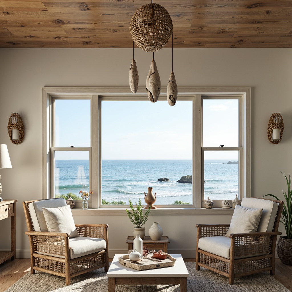 Prompt: Driftwood-finished pendant lights, nautical-themed sconces, soft warm glow, beachy ambiance, calming ocean views, seashell-inspired chandeliers, distressed wood accents, natural linen shades, woven rattan fixtures, coastal color palette, gentle sea breeze, warm sunny day, subtle wave patterns, 1/1 composition, realistic textures, ambient occlusion.