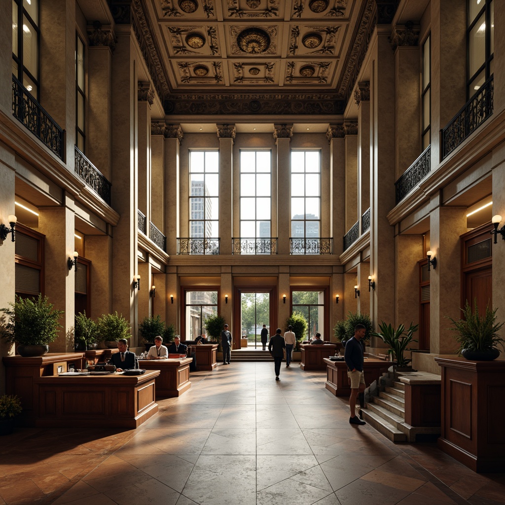 Prompt: Grand courthouse entrance, imposing stone columns, ornate metalwork, spacious atrium, natural light pouring in, elegant staircases, polished wooden floors, formal courtrooms, judges' benches, lawyers' tables, solemn atmosphere, subtle warm lighting, shallow depth of field, 1/1 composition, symmetrical framing, realistic textures, ambient occlusion, dignified architectural style, neoclassical influences, monumental scale, civic importance.