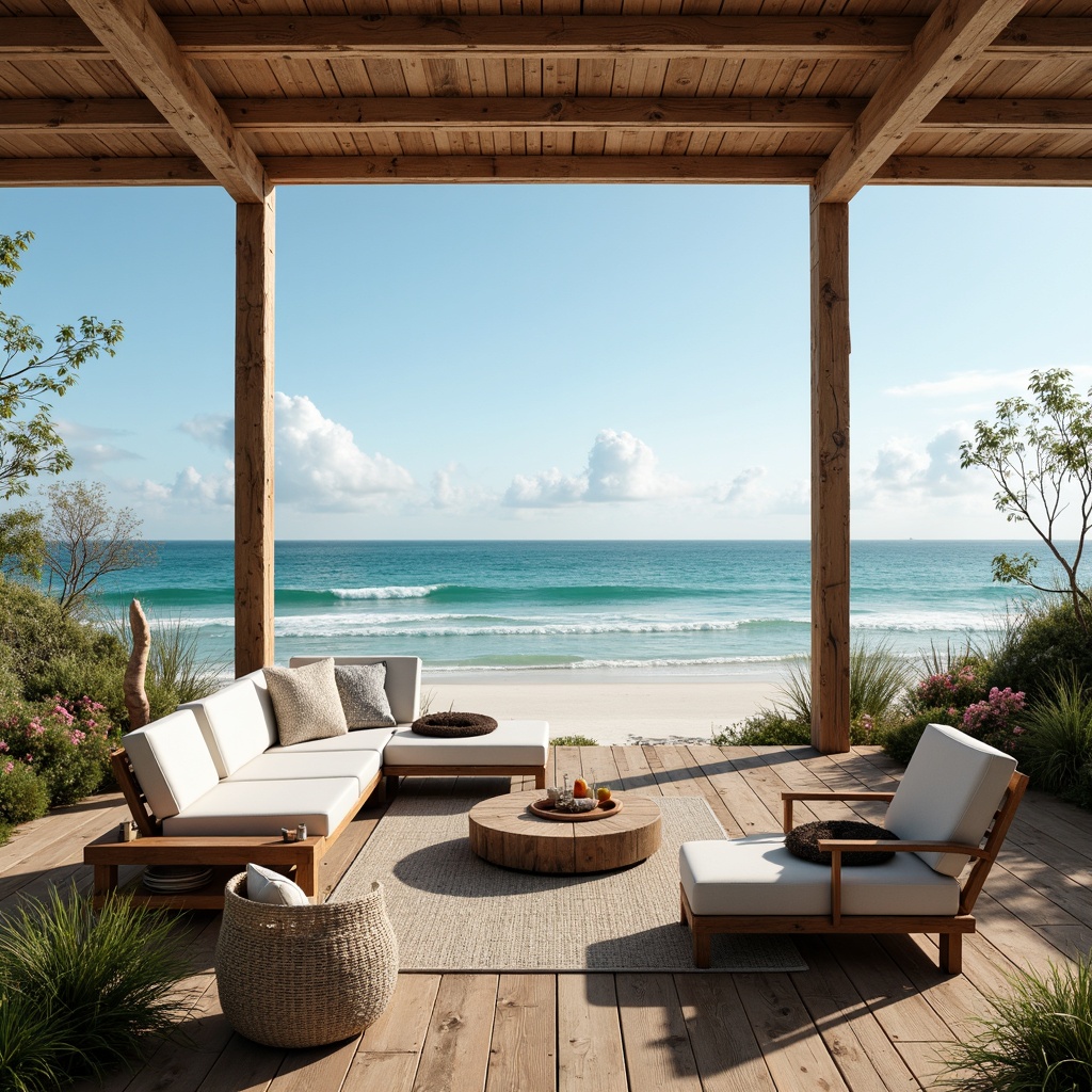 Prompt: Seaside coastal home, oceanfront views, salty sea air, sandy dunes, beachy vibes, driftwood accents, nautical ropes, coral-inspired decor, turquoise hues, sunny day, soft warm lighting, shallow depth of field, 3/4 composition, panoramic view, realistic textures, ambient occlusion, outdoor lounge seating, sectional sofas, weathered wood furniture, woven textiles, natural fibers, ocean-breeze sound effects, sea-glass wind chimes.