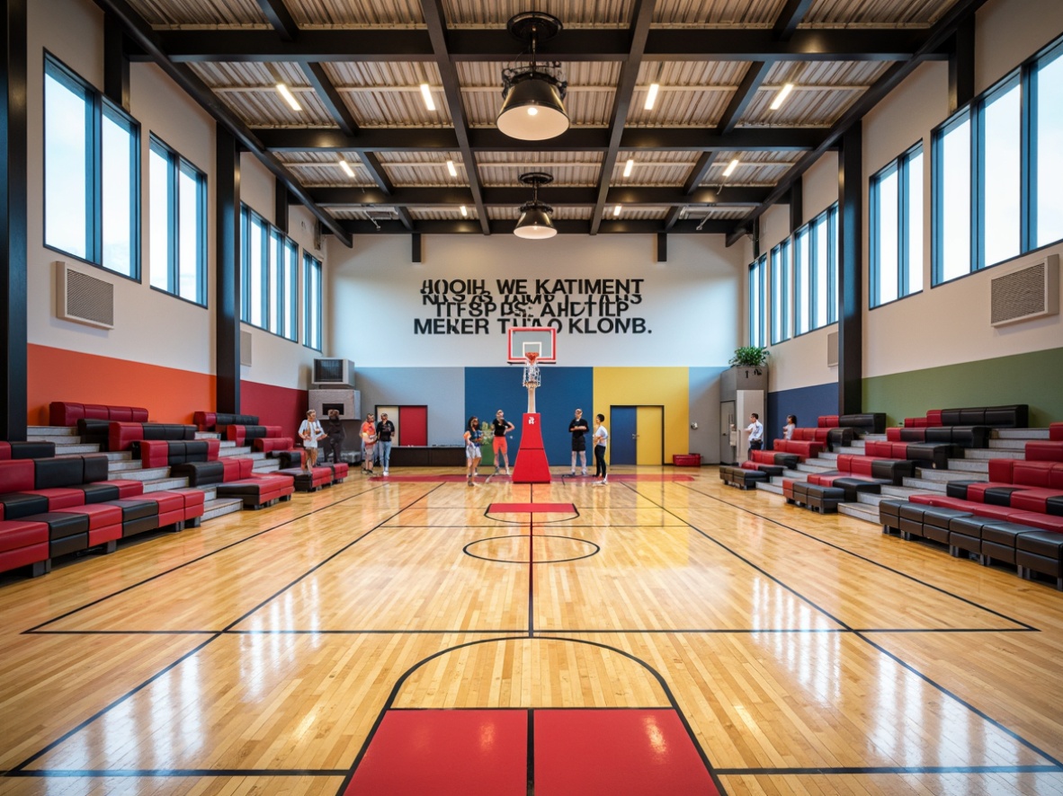 Prompt: Modern gymnasium interior, high ceilings, polished wooden floors, sound-absorbing panels, acoustic treatment, echo-reducing materials, sleek metal beams, large windows, natural light, vibrant sports colors, professional-grade equipment, basketball hoops, volleyball nets, athletic tracks, cushioned flooring, comfortable seating areas, motivational quotes, dynamic lighting systems, soft ambient glow, shallow depth of field, 3/4 composition, realistic textures, ambient occlusion.