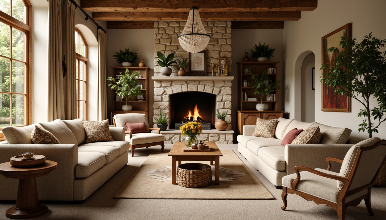 Prompt: Cozy family room, rustic wooden beams, stone fireplace, plush beige sofas, vintage armchairs, distressed wood coffee tables, soft golden lighting, rich velvet drapes, natural linen upholstery, antique bronze hardware, woven rattan baskets, fresh flowers, warm earthy tones, traditional French country style, ornate carved wooden furniture, comfortable pillows, rustic wooden shelves, elegant crystal chandelier, soft beige carpeting, warm afternoon sunlight, 1/1 composition, realistic textures, ambient occlusion.