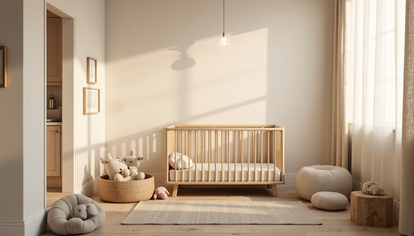 Prompt: Soft warm glow, gentle LED lights, creamy white walls, minimalist crib, simple wooden furniture, pastel color palette, subtle texture patterns, cozy area rug, plush toys, soothing ambiance, natural daylight, sheer curtains, calming atmosphere, soft focus, shallow depth of field, 1/1 composition, warm beige tones, delicate fabrics, understated decor.