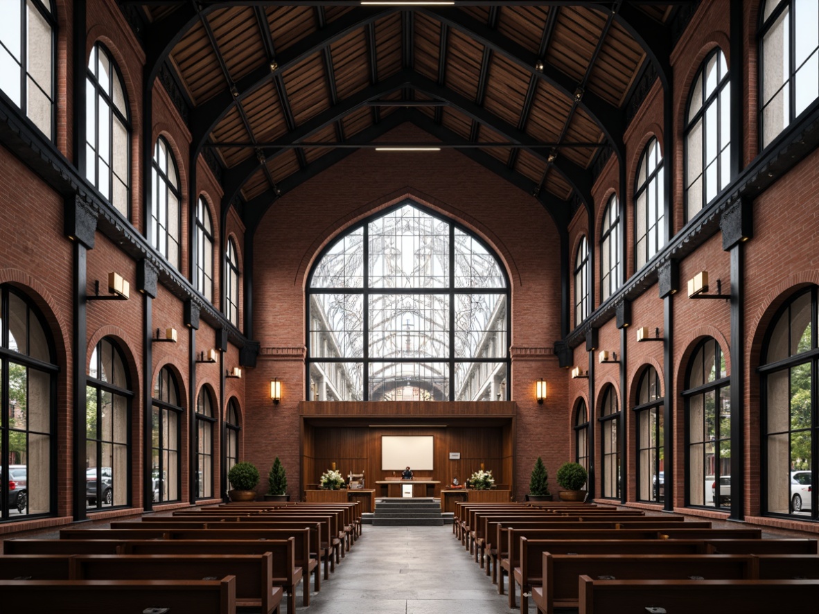 Prompt: Industrial-chic cathedral, exposed brick walls, steel beams, stained glass windows, modern pulpit, minimalist altar, reclaimed wood pews, urban landscape, busy city streets, overcast sky, soft diffused lighting, shallow depth of field, 1/1 composition, symmetrical balance, abstract geometric patterns, metallic accents, distressed textures, spiritual ambiance, contemplative atmosphere.