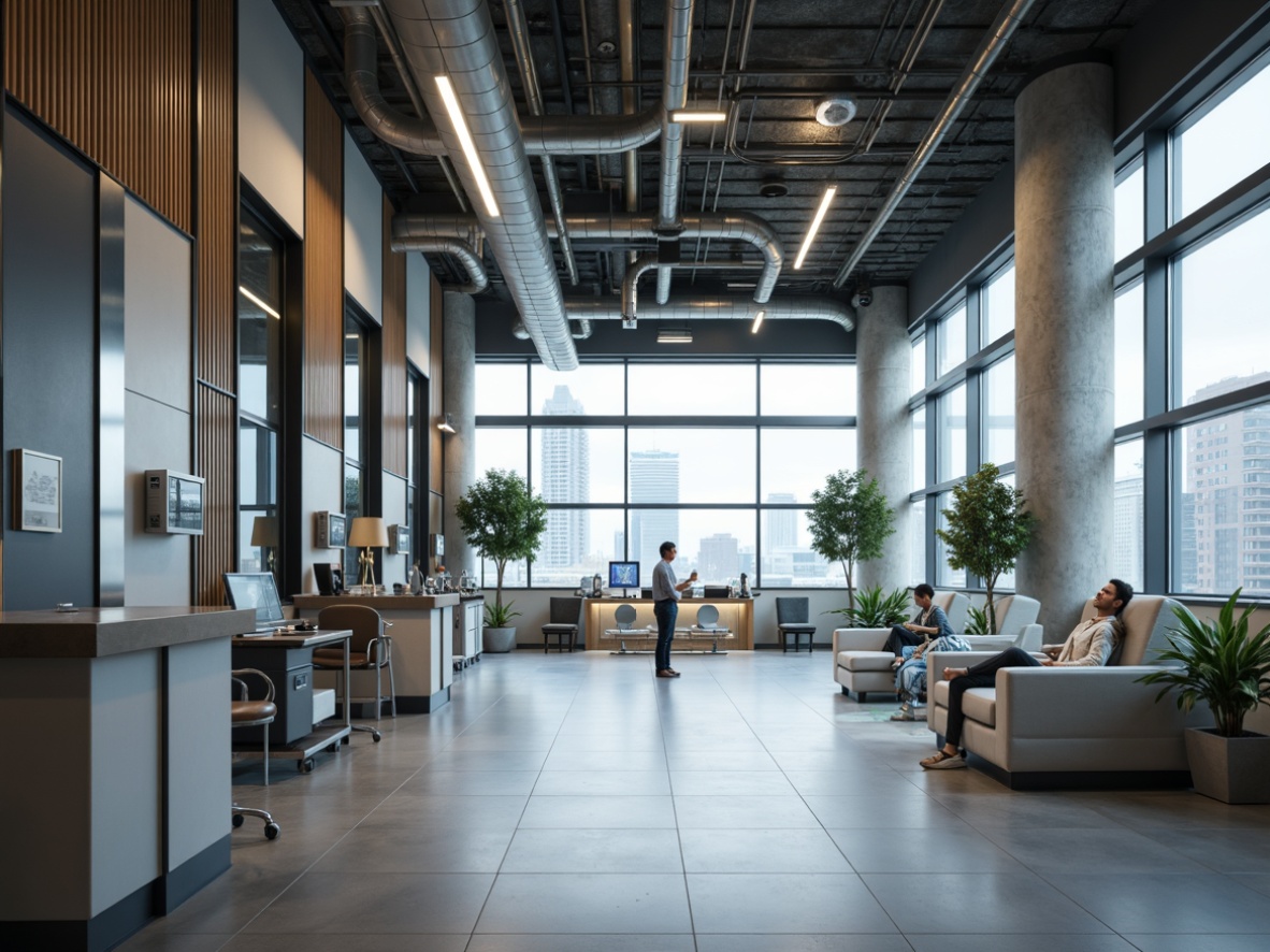 Prompt: Spacious hospital lobby, industrial-style metal beams, polished concrete floors, minimalist decor, modern medical equipment, sleek nurse stations, private patient rooms, large windows, natural light, urban cityscape views, soft ambient lighting, shallow depth of field, 3/4 composition, realistic textures, ambient occlusion, clean lines, functional furniture, stainless steel accents, medical charts, hospital signage, calm atmosphere, soft colors.