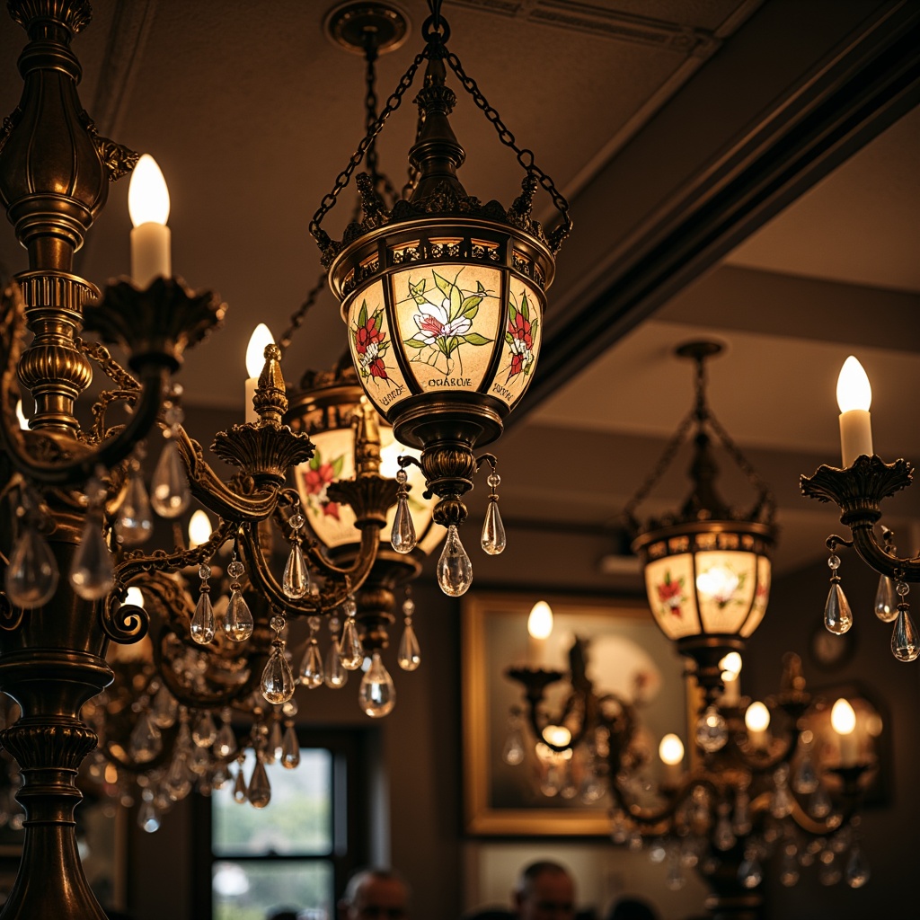 Prompt: Intricate metalwork, flowing curves, ornate details, luxurious chandeliers, stained glass shades, bronze fixtures, beveled edges, crystal droplets, soft warm glow, ambient lighting, 3/4 composition, shallow depth of field, elegant lines, organic forms, botanical motifs, vintage charm, rustic textures, earthy tones, warm color palette.