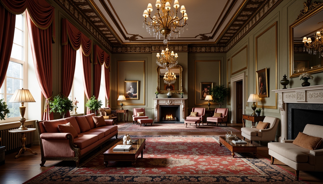 Prompt: Elegant neoclassical living room, richly ornate furniture, velvet upholstered sofas, carved wooden armchairs, gilded bronze coffee tables, intricately patterned rugs, crystal chandeliers, frescoed ceilings, marble fireplaces, ornamental mirrors, luxurious fabrics, subtle color palette, soft warm lighting, shallow depth of field, 1/1 composition, realistic textures, ambient occlusion.