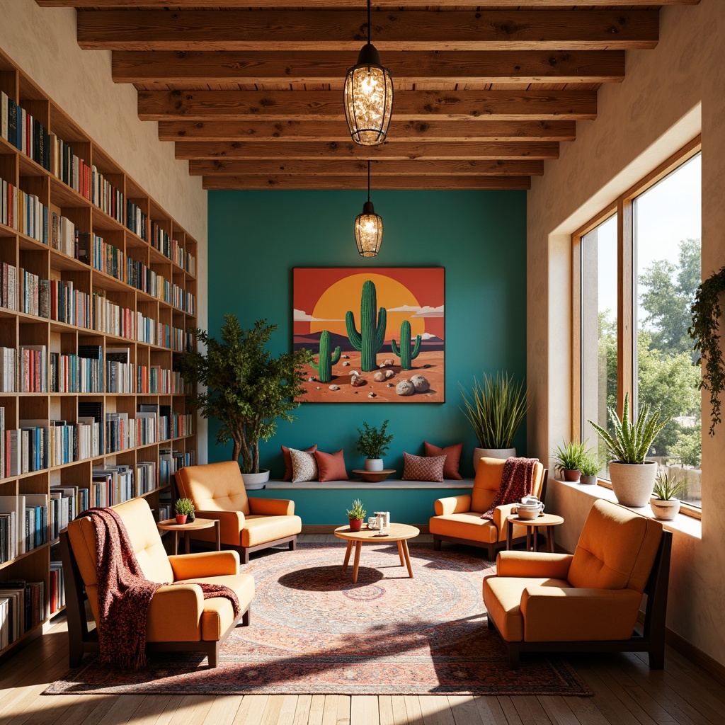 Prompt: \Vibrant Southwestern bookstore, turquoise accents, warm beige walls, wooden shelves, rustic wooden floors, comfortable reading nooks, plush armchairs, colorful woven blankets, potted cacti, desert-inspired artwork, natural light pouring in through large windows, soft warm lighting, cozy atmosphere, 3/4 composition, realistic textures, ambient occlusion.\