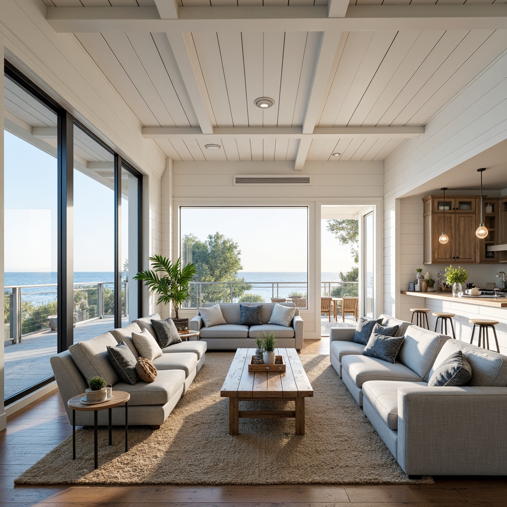 Prompt: Airy open floor plan, coastal cottage style, white shiplap walls, reclaimed wood accents, sliding glass doors, ocean views, natural light, beachy vibes, minimal ornamentation, soft gray-blue color palette, comfortable sectionals, jute rugs, potted plants, modern kitchen island, stainless steel appliances, farmhouse sink, pendant lighting, airy staircase, driftwood decor, woven textiles, nautical rope details, serene atmosphere, warm sunny day, shallow depth of field, 1/1 composition, realistic textures.