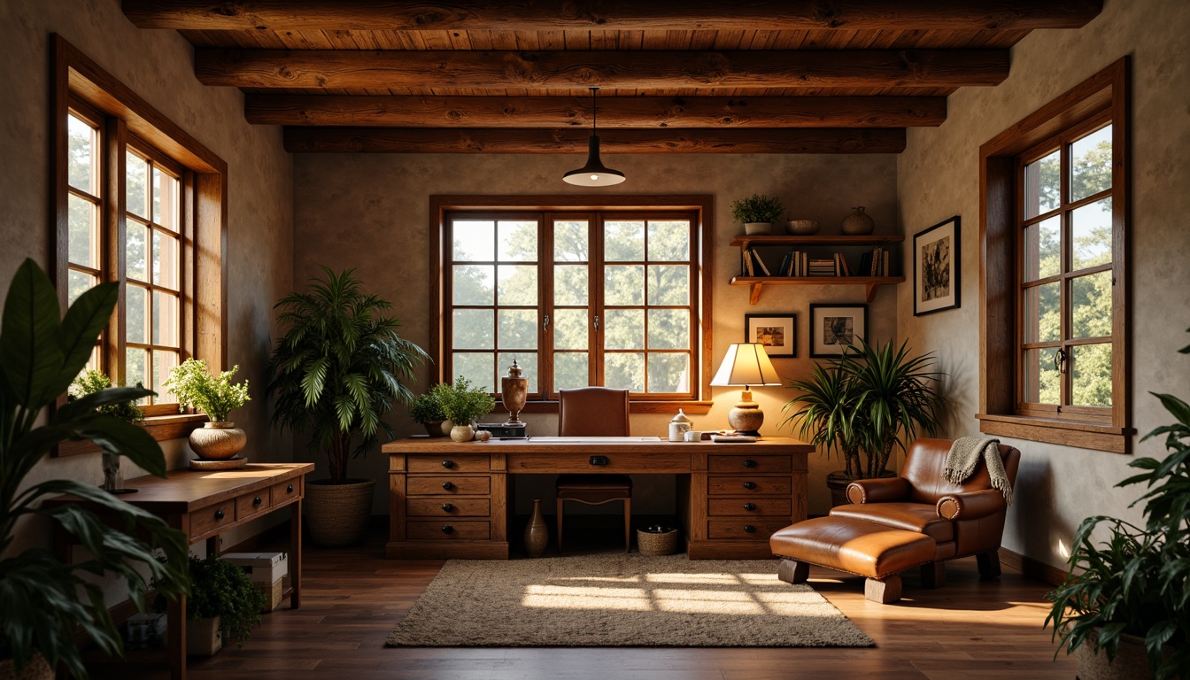 Prompt: Cozy rustic home office, wooden desk, vintage lamp, warm ambient lighting, earthy tone walls, natural stone flooring, exposed wooden beams, comfortable leather chair, greenery plants, soft box light, warm color temperature, shallow depth of field, 1/2 composition, realistic textures, ambient occlusion.