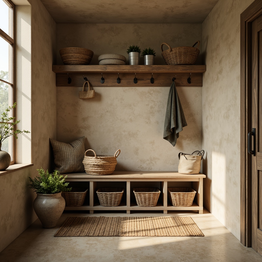 Prompt: Mudroom interior, earthy tone walls, wooden bench, woven baskets, natural fiber rugs, distressed wood accents, industrial metal hooks, rustic wooden shelves, warm beige flooring, soft creamy lighting, shallow depth of field, 1/2 composition, realistic textures, ambient occlusion, cozy atmosphere, organic shapes, nature-inspired colors, muted brown tones, soft sage green, weathered wood grain, vintage metal hardware.