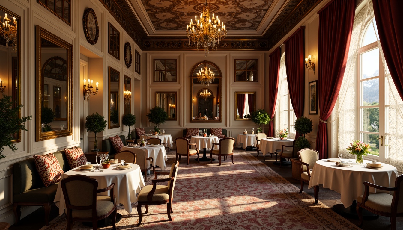 Prompt: Richly ornamented breakfast nook, lavish velvet drapes, intricately carved wooden panels, ornate golden chandeliers, soft warm candlelight, subtle morning sunlight, delicate lace curtains, antique furniture pieces, distressed wood accents, luxurious fabric upholstery, ornamental mirrors, richly patterned rugs, warm beige color scheme, intimate cozy atmosphere, softbox lighting, 1/2 composition, shallow depth of field, realistic textures, ambient occlusion.