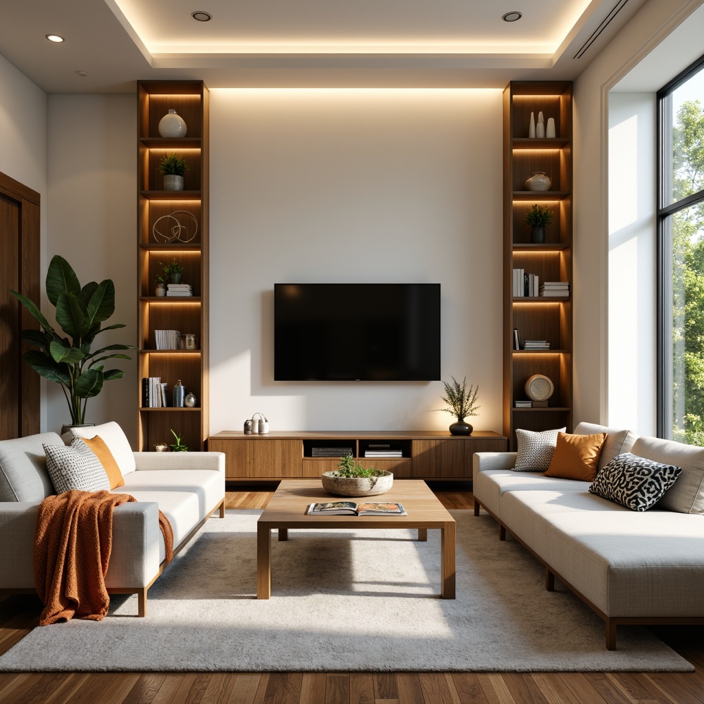 Prompt: Modern living room, sleek low-profile sofa, minimalist coffee table, wall-mounted TV stand, functional shelving units, concealed storage compartments, ambient floor lamps, soft cream-colored walls, polished wooden flooring, cozy throw blankets, vibrant greenery, natural light pouring in, shallow depth of field, 3/4 composition, warm and inviting atmosphere.