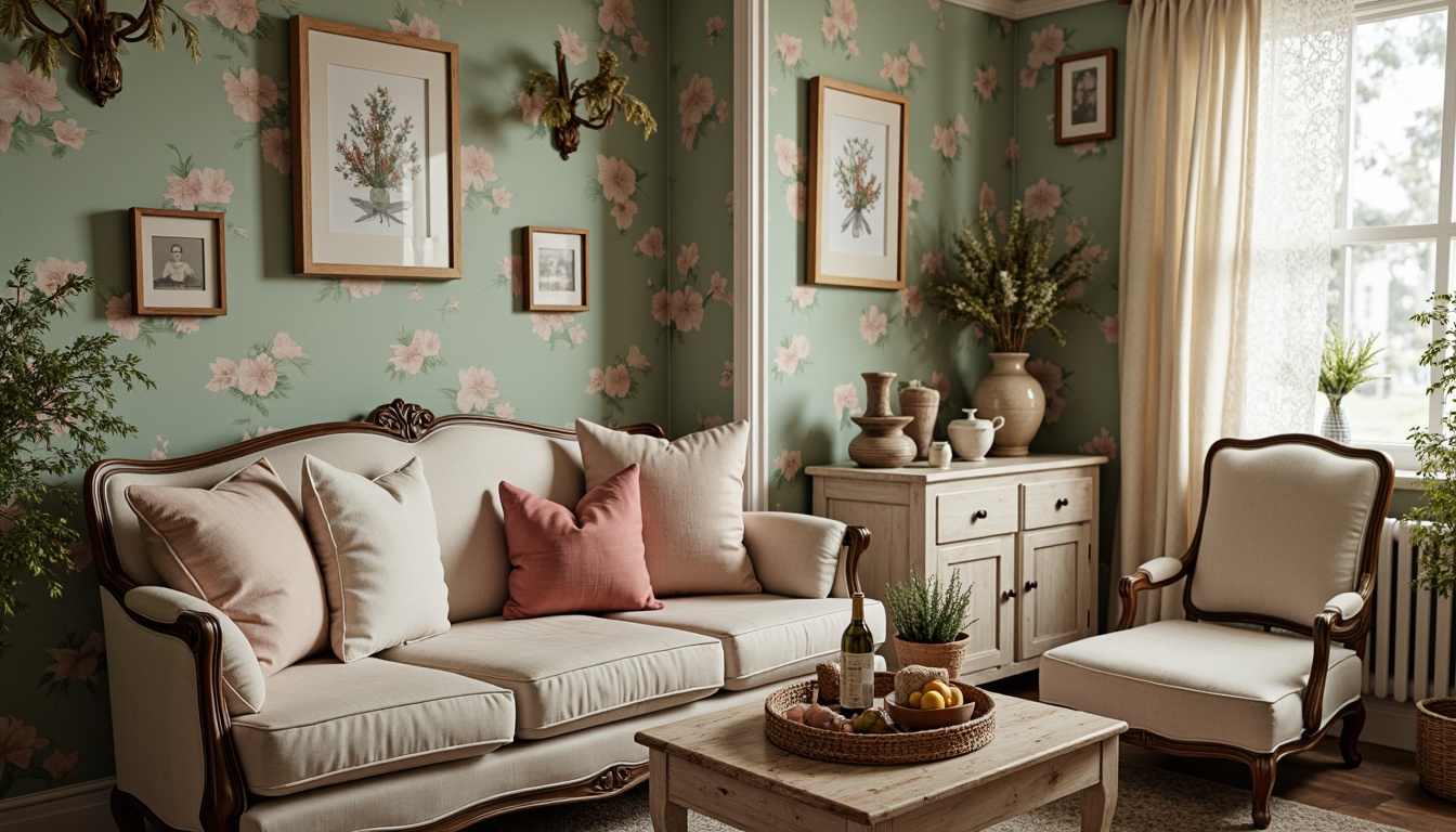 Prompt: Vintage distressed furniture, soft pastel colors, floral patterns, lace curtains, rustic wooden accents, woven baskets, velvet pillows, antique accessories, linen fabrics, natural fibers, gentle warm lighting, shallow depth of field, 1/1 composition, intimate close-up shots, realistic textures, ambient occlusion.