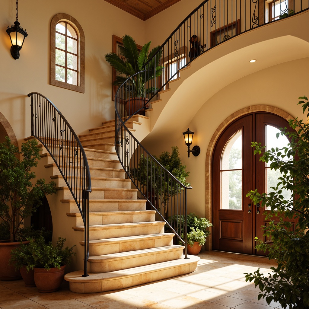 Prompt: Curved staircase, wrought iron railings, ornate metalwork, warm golden lighting, creamy marble steps, soft beige walls, decorative tile inlays, rustic wooden handrails, elegant curved banisters, arched windows, sun-kissed Mediterranean colors, warm terracotta tones, ornamental iron lanterns, lush greenery, potted plants, natural stone flooring, earthy textures, subtle shading, 1/1 composition, intimate focal length, realistic rendering.