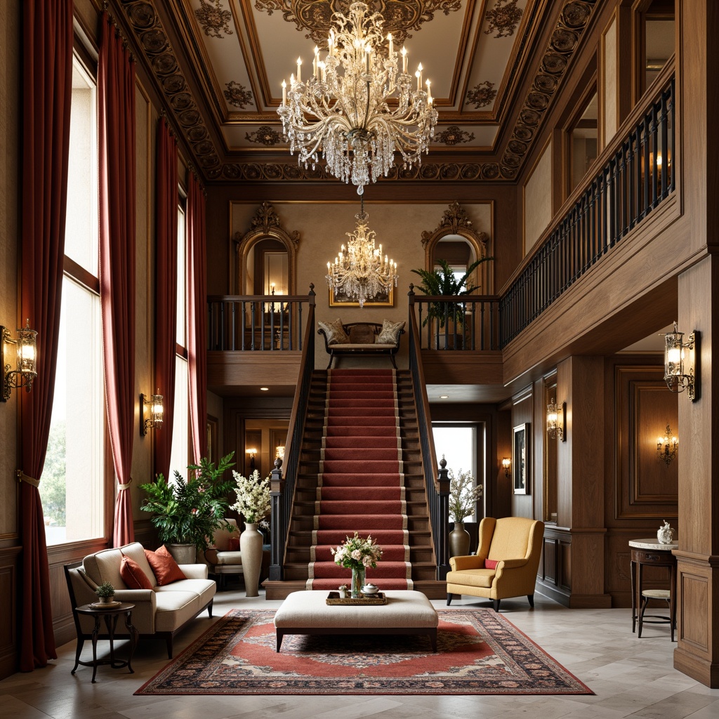 Prompt: Ornate furniture, luxurious fabrics, rich wood tones, metallic accents, crystal chandeliers, grand staircases, marble floors, velvet drapes, gilded frames, intricate moldings, patterned rugs, statement lighting fixtures, decorative vases, ornamental sculptures, lavish plants, warm neutral colors, soft diffused lighting, shallow depth of field, 1/1 composition, realistic textures, ambient occlusion.