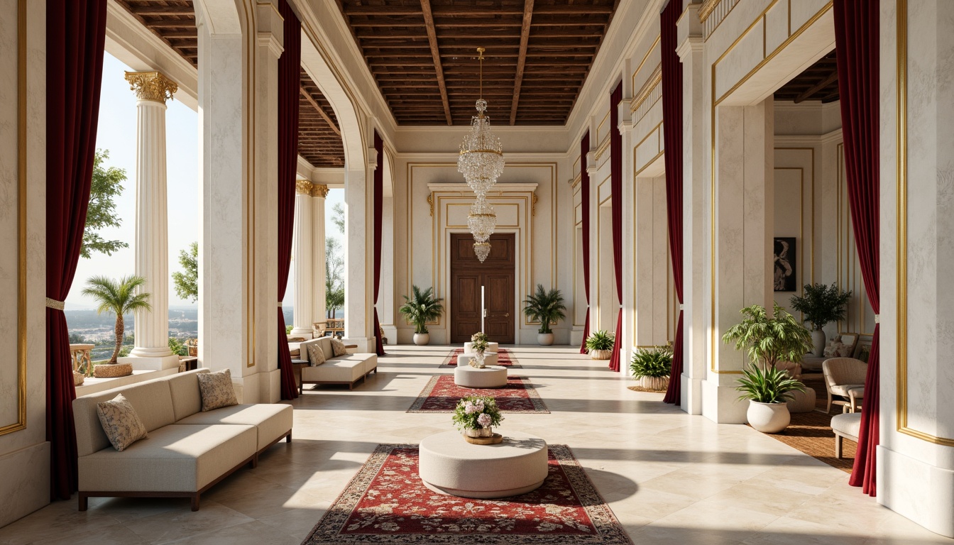 Prompt: Elegant pavilion, neoclassical architecture, white marble columns, ornate stone carvings, golden accents, luxurious furnishings, velvet drapes, crystal chandeliers, polished wooden floors, intricate moldings, soft warm lighting, subtle shadows, 1/2 composition, shallow depth of field, natural textures, ambient occlusion.