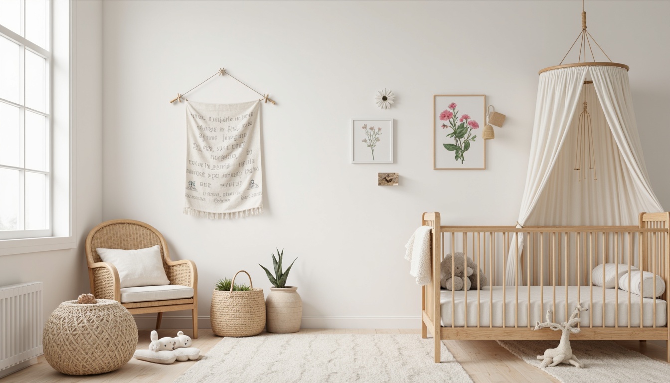 Prompt: Soft pastel colors, gentle nursery rhyme patterns, plush toys, wooden cribs, minimalist furniture, creamy whites, light grays, beige tones, natural textures, woven baskets, macrame details, simple shapes, subtle embroidery, tender florals, pale woods, delicate lace, softbox lighting, shallow depth of field, 1/1 composition, warm and cozy atmosphere.Please let me know if this meets your requirements!