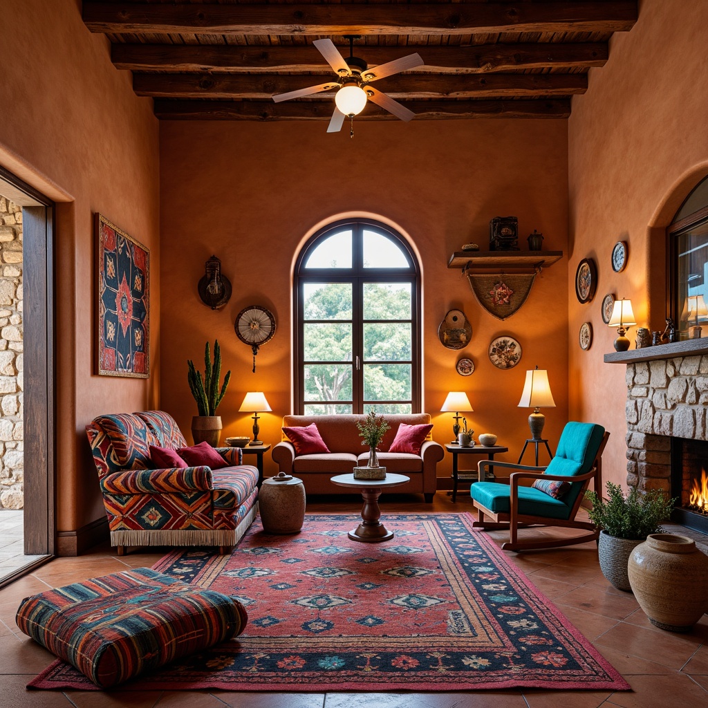 Prompt: Vibrant southwestern craft room, rich cultural heritage, bold geometric patterns, colorful woven textiles, traditional Native American pottery, hand-carved wooden furniture, earthy terracotta tones, warm candlelight, cozy reading nooks, plush throw blankets, rustic stone walls, vibrant turquoise accents, soft warm lighting, shallow depth of field, 3/4 composition, panoramic view, realistic textures, ambient occlusion.