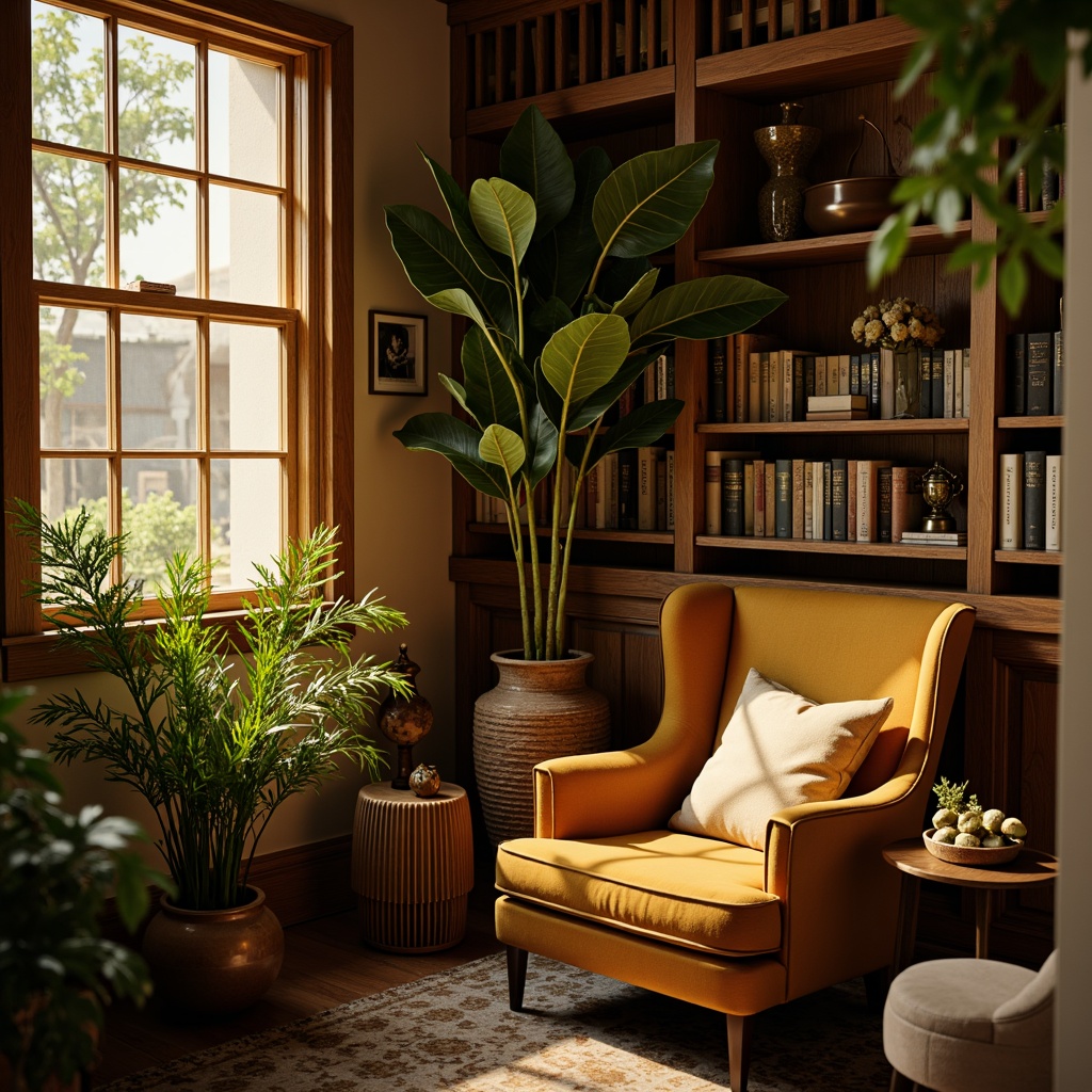 Prompt: Cozy reading nook, warm golden lighting, plush velvet armchair, rich wood accents, earthy tone walls, soft sage greenery, creamy beige textiles, vintage bronze decor, rustic wooden shelves, worn leather-bound books, subtle natural textures, intimate atmosphere, low-key illumination, 2/3 composition, shallow depth of field.