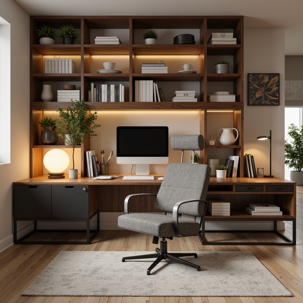 Prompt: Modern minimalist home office, ergonomic chair, spacious desk, clever storage compartments, adjustable shelving units, compact file cabinets, sleek metal legs, wooden or glass tabletops, soft warm lighting, 3/4 composition, realistic textures, ambient occlusion, cozy atmosphere, organized workspaces, clutter-free environment.