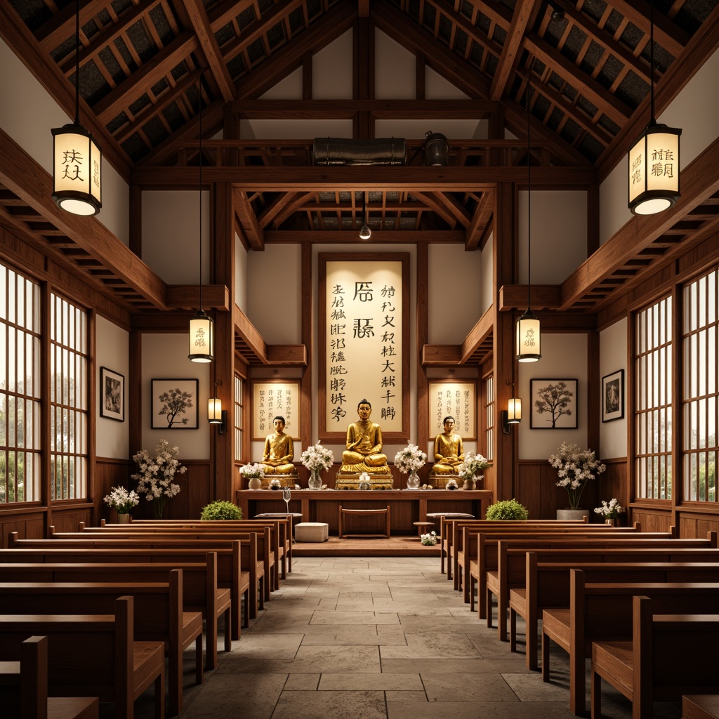 Prompt: Traditional Asian-inspired church interior, intricately carved wooden pews, ornate lantern-style lighting fixtures, hand-painted Chinese calligraphy, golden Buddha statues, serene natural stone flooring, gentle warm lighting, shallow depth of field, 3/4 composition, subtle incense scent, delicate cherry blossom patterns, elegant sliding shoji doors, minimalist decor, peaceful ambiance, soft warm color palette.