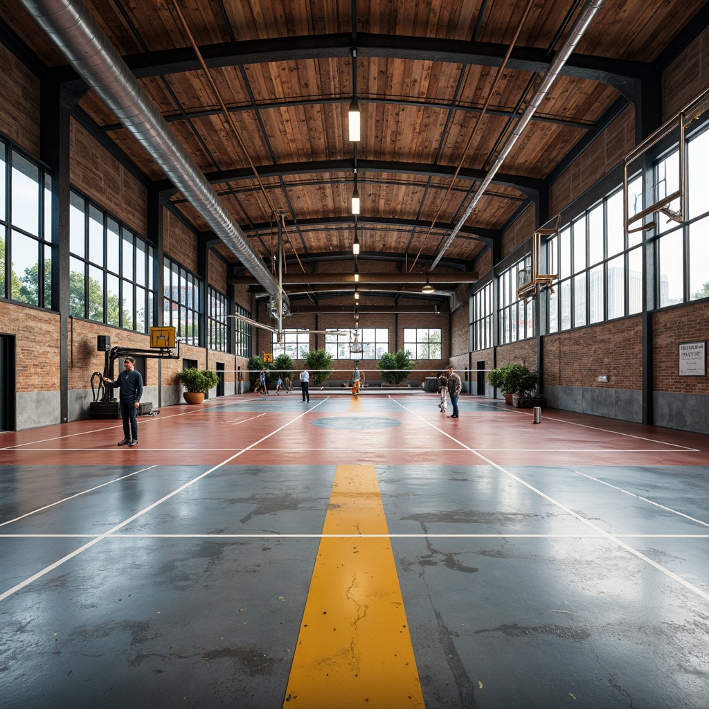 Prompt: Polished concrete floors, industrial-style gymnasium, exposed ductwork, metal beams, high ceilings, reclaimed wood accents, athletic equipment, basketball courts, volleyball nets, heavy-duty rubber flooring, shock-absorbing surfaces, non-slip coatings, durable epoxy paints, urban loft atmosphere, natural light pouring in, large windows, steel frames, distressed finishes, industrial-chic decor, modern sports facilities, dynamic lighting, bold color schemes.