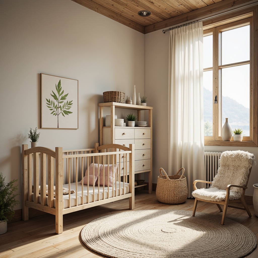 Prompt: Rustic nursery, natural wood accents, earthy tones, soothing beige walls, creamy whites, warm grays, soft sage greens, blush pink accents, distressed finishes, vintage furniture pieces, woven baskets, natural textiles, cozy throw blankets, plush area rugs, gentle morning light, shallow depth of field, 1/1 composition, inviting atmosphere, whimsical decorative elements.