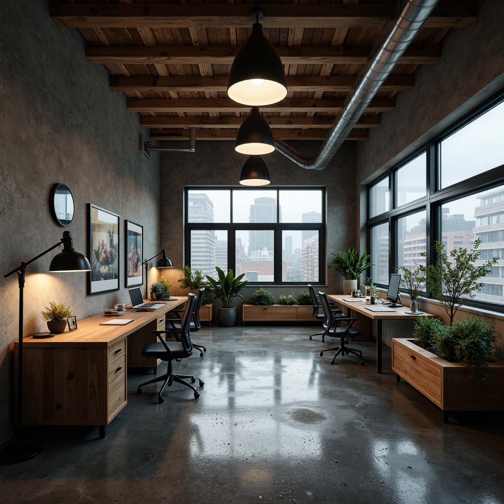 Prompt: Industrial-style home office, brutalist architecture, exposed concrete walls, metal beams, reclaimed wood furniture, minimalist decor, functional workspaces, ergonomic chairs, modern task lighting, urban cityscape views, rainy day ambiance, dramatic shadows, high-contrast lighting, 1/2 composition, cinematic perspective, realistic textures, ambient occlusion.