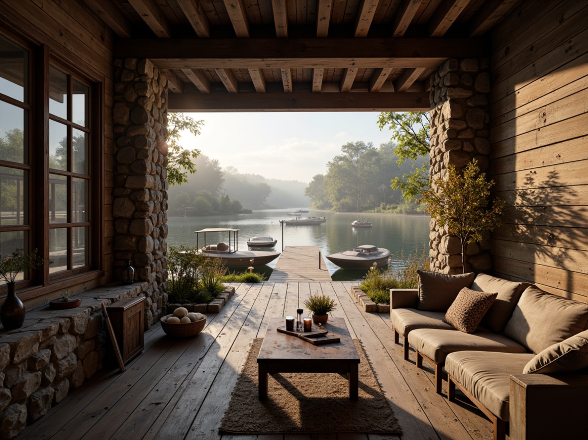 Prompt: Weathered wooden planks, rusty metal accents, vintage nautical equipment, distressed leather furnishings, natural stone foundations, earthy color palette, cozy candle lighting, worn wooden docks, aquatic plants, serene lake views, misty morning atmosphere, shallow depth of field, 1/2 composition, warm golden hour, realistic textures, ambient occlusion.