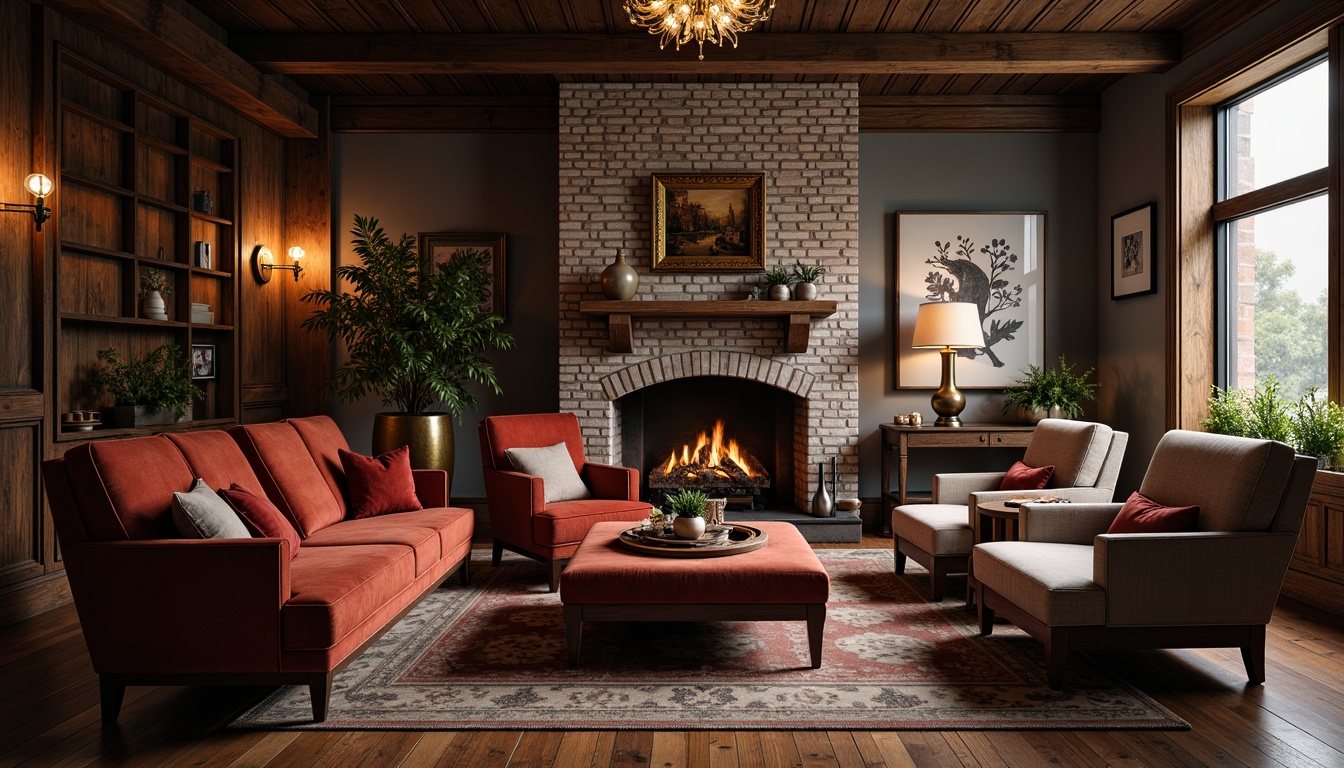 Prompt: Richly upholstered furniture, velvet cushions, wooden paneling, rustic stone walls, metallic accents, industrial chic decor, reclaimed wood flooring, distressed finishes, ornate moldings, luxurious fabrics, soft warm lighting, atmospheric ambiance, 1/1 composition, shallow depth of field, realistic textures, ambient occlusion.