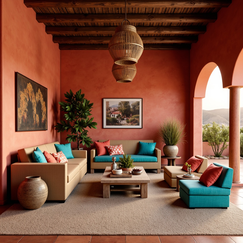 Prompt: Vibrant southwestern great room, warm terracotta walls, earthy red tone furniture, plush sandy beige carpets, turquoise accents, coral patterned throw pillows, distressed wood coffee tables, rustic metal lighting fixtures, natural woven textiles, woven basket pendant lights, soft golden hour lighting, shallow depth of field, 1/2 composition, realistic textures, ambient occlusion.