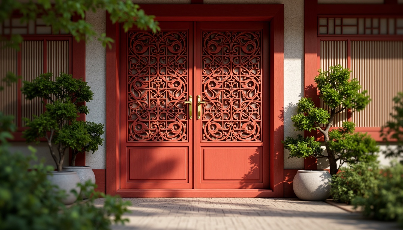 Prompt: Vibrant vermilion entrance doors, intricately carved wooden panels, polished brass hardware, lush greenery, bonsai trees, stone lanterns, traditional Japanese tatami mats, sliding shoji screens, warm soft lighting, shallow depth of field, 1/1 composition, realistic textures, ambient occlusion.