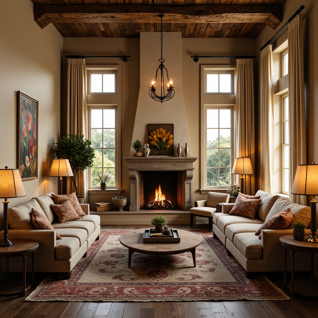 Prompt: Cozy family room, soft warm beige walls, rustic wooden beams, elegant chandeliers, table lamps with linen shades, floor-to-ceiling windows, natural daylight, warm golden lighting, ambient softbox illumination, 1/1 composition, intimate atmosphere, plush velvet sofas, vintage distressed furniture, floral patterns, earthy tones, French country decor, candlelit fireplace, crackling fire sounds, evening ambiance, warm color palette.