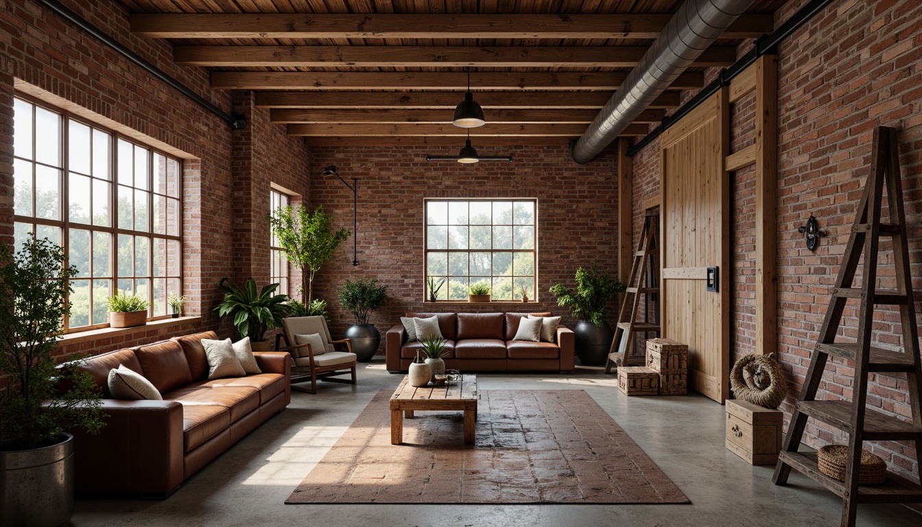 Prompt: Exposed brick walls, reclaimed wooden beams, metal accents, vintage farm tools, distressed leather furniture, earthy color palette, natural stone flooring, wooden crates, potted greenery, industrial metal lighting, rustic metal decor, galvanized steel, wooden ladders, sliding barn doors, soft warm lighting, shallow depth of field, 1/2 composition, realistic textures, ambient occlusion.