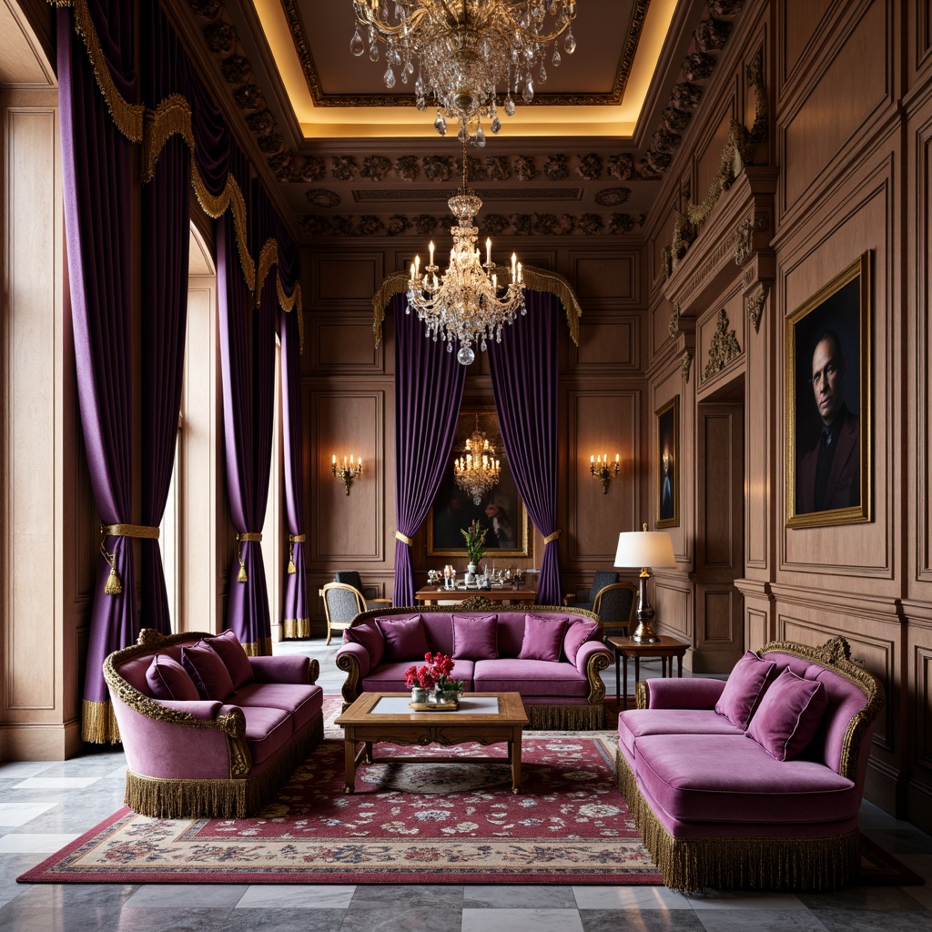 Prompt: Velvet drapes, golden tassels, ornate wooden furniture, rich brocade upholstery, lavish silk fabrics, intricate embroidery patterns, regal purple accents, majestic crown molding, crystal chandeliers, opulent marble floors, sumptuous pillows, baroque-style carvings, luxurious velvet sofas, dramatic floor-to-ceiling curtains, soft warm lighting, shallow depth of field, 1/1 composition, realistic textures.